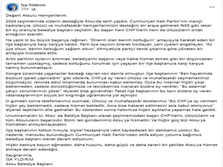 Aksu Belediye Başkanı Yıldırım, CHPden istifa etti