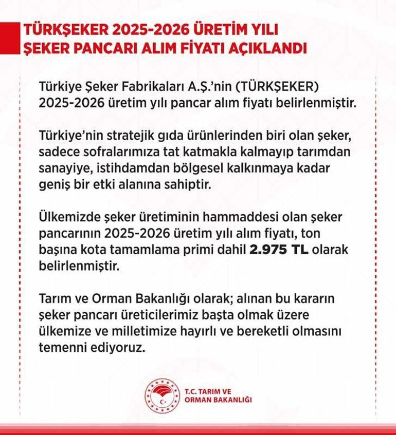 Şeker pancarı alım fiyatı ton başına 2 bin 975 TL olarak belirlendi