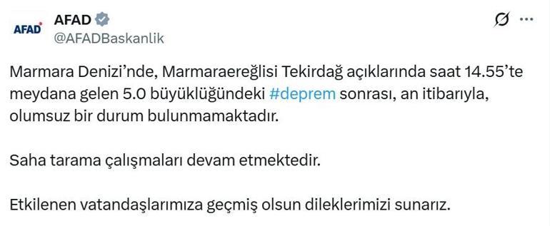 Tekirdağ açıklarında 5 büyüklüğünde deprem; İstanbulda da hissedildi
