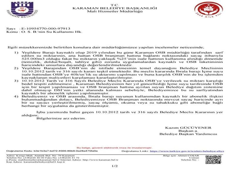 Karamanda OSBnin, şebeke hattından kaçak su kullanıldığı iddiasıyla suç duyurusu