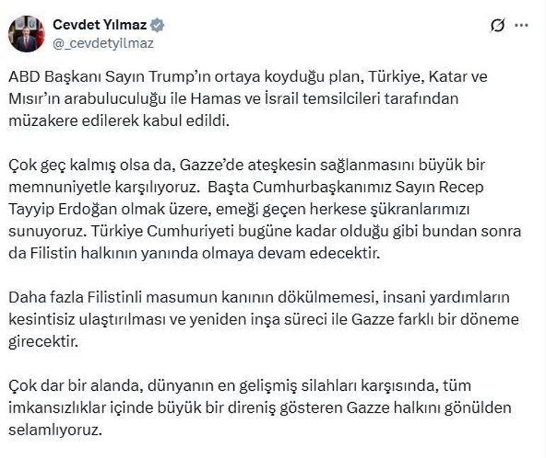 Cevdet Yılmaz: Gazzede ateşkesin sağlanmasını memnuniyetle karşılıyoruz
