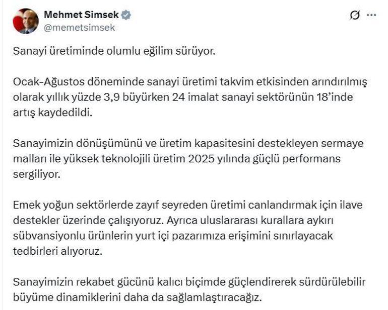 Bakan Şimşek: Sanayi üretiminde olumlu eğilim sürüyor