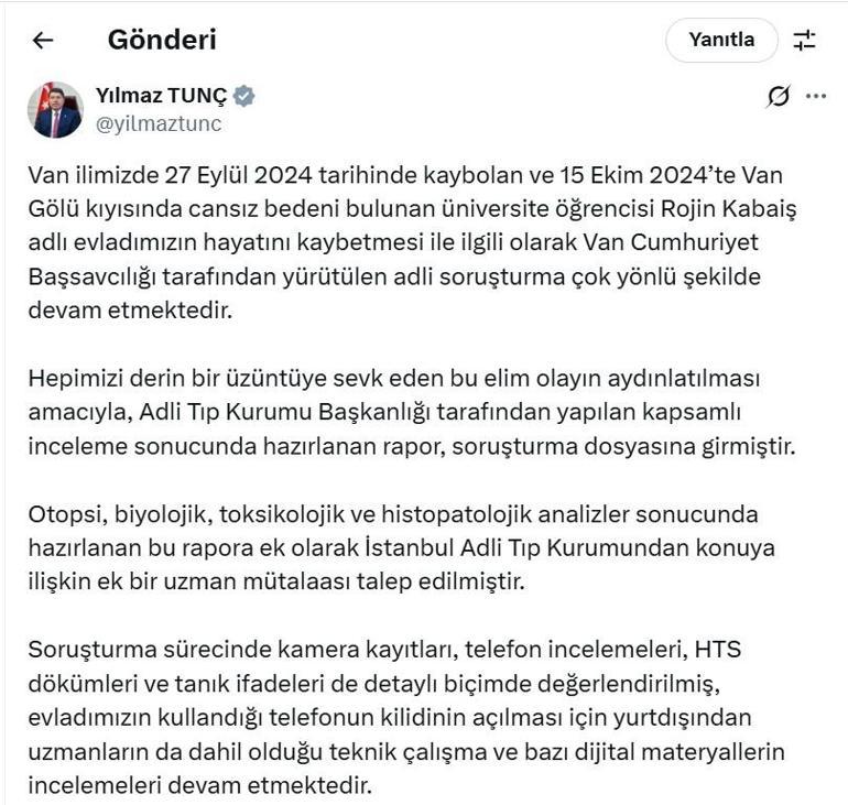 Bakan Tunçtan Rojin Kabaiş açıklaması