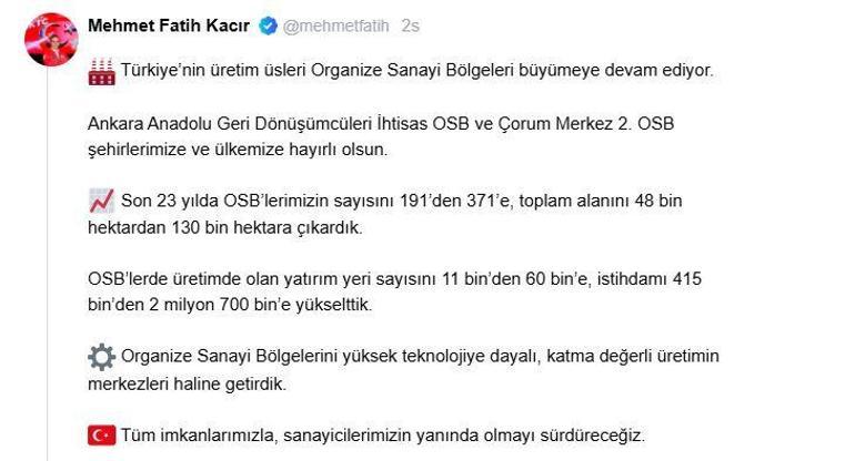 Bakan Kacır: 23 yılda OSBlerin sayısını 371e çıkardık