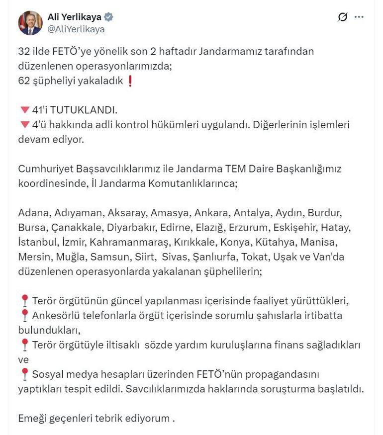 32 ilde FETÖye yönelik operasyon; 41 tutuklama