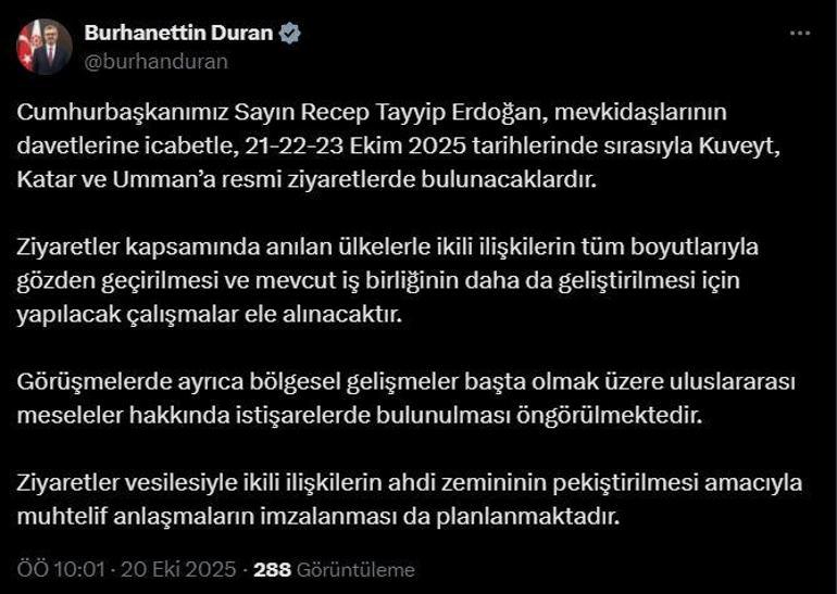 Cumhurbaşkanı Erdoğan, Kuveyt, Katar ve Ummana resmi ziyarette bulunacak