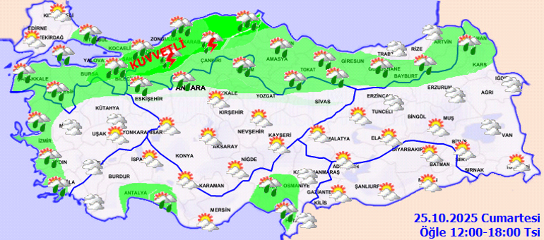Marmaranın kuzeydoğusu ve Batı Karadeniz ve Samsun çevreleri için kuvvetli yağış uyarısı