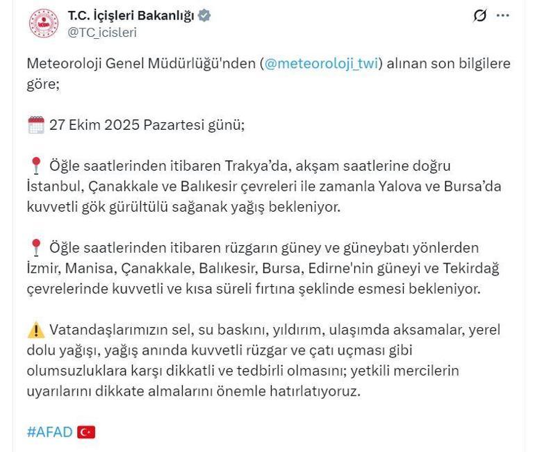 İçişleri Bakanlığından 9 il için gök gürültülü sağanak uyarısı