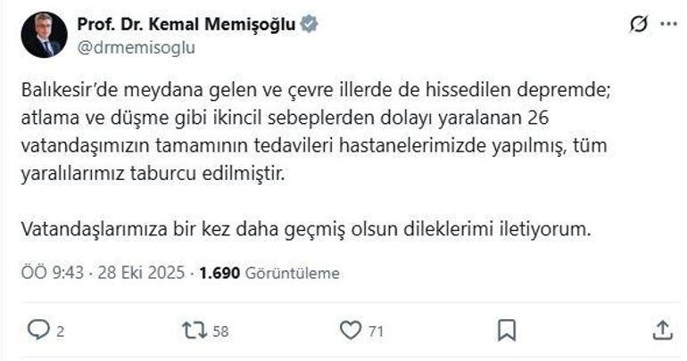 Bakan Memişoğlu: Balıkesirdeki depremde yaralanan 26 kişi taburcu edildi