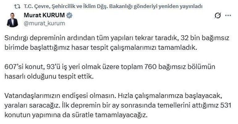 Bakan Kurum: Sındırgıda 760 bağımsız bölümün hasarlı olduğunu tespit ettik
