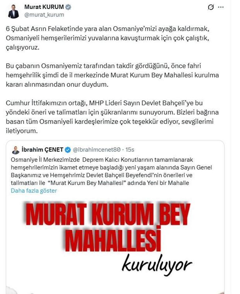 Osmaniyede Murat Kurum Bey Mahallesi kuruluyor