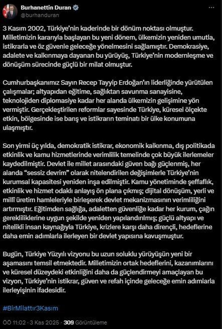İletişim Başkanı Duran: 3 Kasım 2002, Türkiyenin kaderinde bir dönüm noktası olmuştur