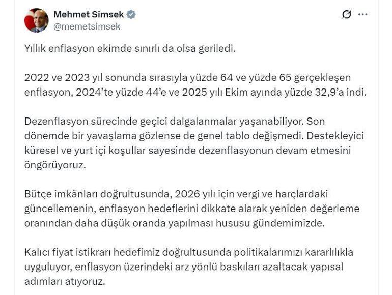 Bakan Şimşek: Dezenflasyonun devam etmesini öngörüyoruz