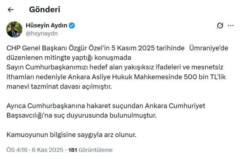 Cumhurbaşkanı Erdoğandan Özgür Özele tazminat davası