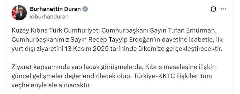 KKTC Cumhurbaşkanı Erhürman, 13 Kasımda Türkiyeyi ziyaret edecek