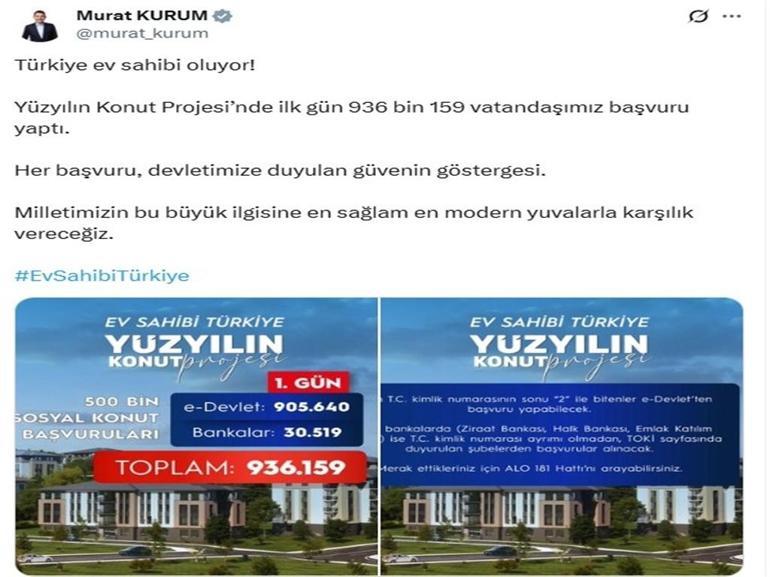 Bakan Kurum: 500 bin sosyal konut için ilk gün 936 bin 159 başvuru yapıldı
