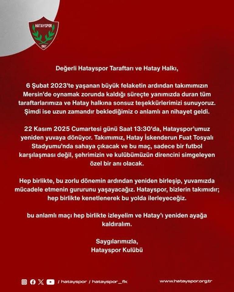 Hatayspor yuvaya dönüyor