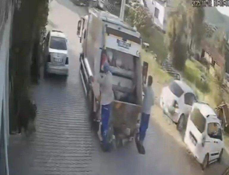 Çöp konteyneri çöp kamyonun peşinden sürüklendi; o anlar kamerada
