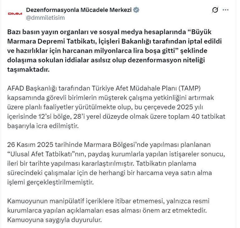 DMM: Ulusal Afet Tatbikatının ileri bir tarihte yapılması kararlaştırıldı