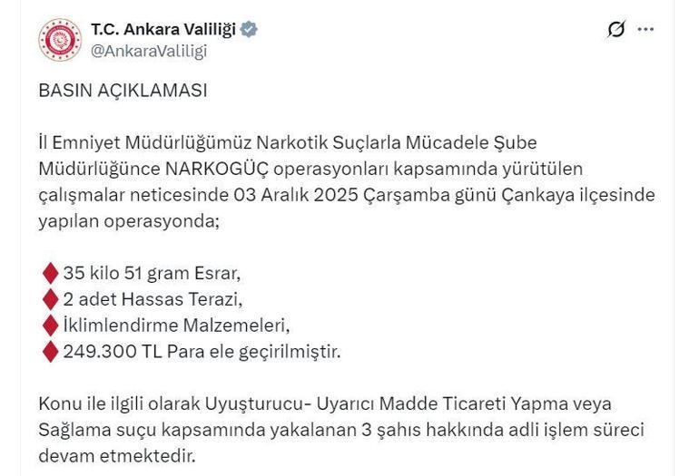 Ankarada 35 kilo esrar ele geçirildi