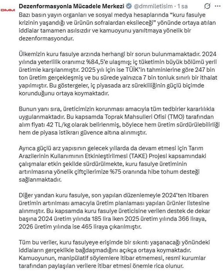 DMM: Kuru fasulye krizi iddiası dezenformasyondur