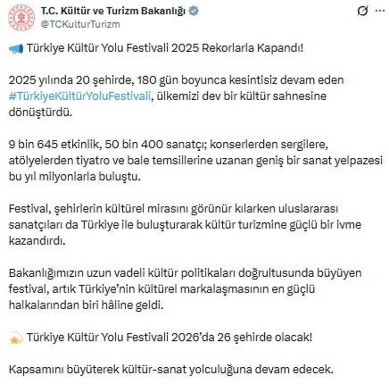 Türkiye Kültür Yolu Festivali, 9 bin 645 etkinliğe ev sahipliği yaptı