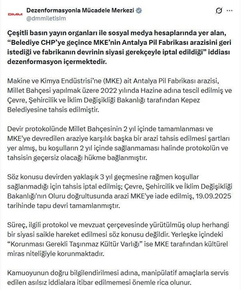DMM’den Antalya Pil Fabrikası arazisinin devrinin siyasi gerekçeyle iptal edildiği iddiasına ilişkin açıklama