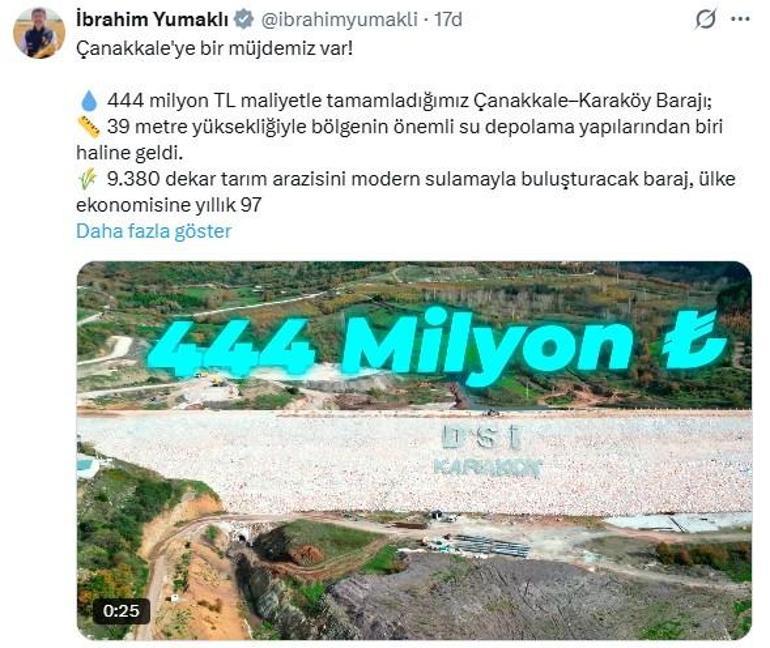 Bakan Yumaklı: Çanakkale-Karaköy Barajı, yıllık 97 milyon TL katkı sağlayacak