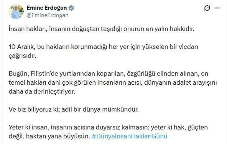 Emine Erdoğandan, Dünya İnsan Hakları Günü paylaşımı