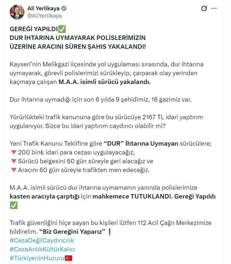 Bakan Yerlikaya: Yeni kanunla Dur ihtarına uymayana 200 bin lira ceza uygulayacağız