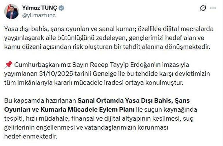 Bakan Tunç: Örgütlü şekilde işlenen yasa dışı bahis ve kumar suçlarında cezalar ağırlaştırılacak