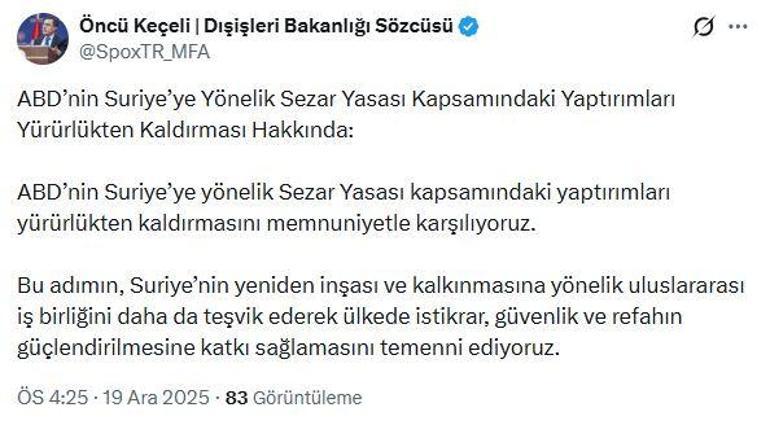 Dışişleri: ABDnin Suriyeye yönelik yaptırımları kaldırmasını memnuniyetle karşılıyoruz