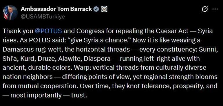 ABD Suriye Özel Temsilcisi Barracktan Sezar Yasası teşekkürü