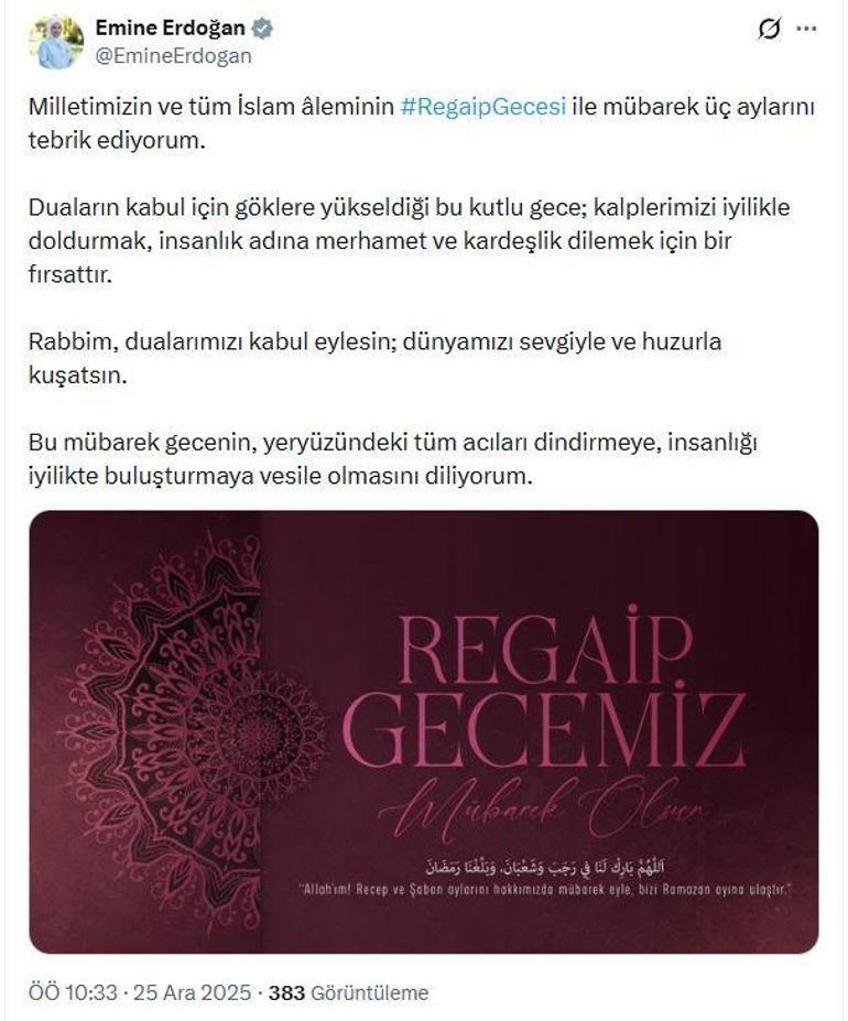 Emine Erdoğandan Regaip Gecesi mesajı