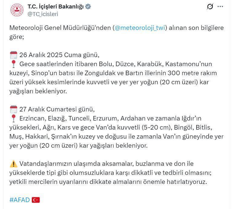Bakanlıktan 22 il için yoğun kar uyarısı