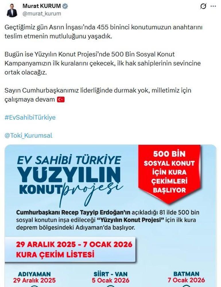 500 bin sosyal konut için ilk kuralar bugün çekilecek