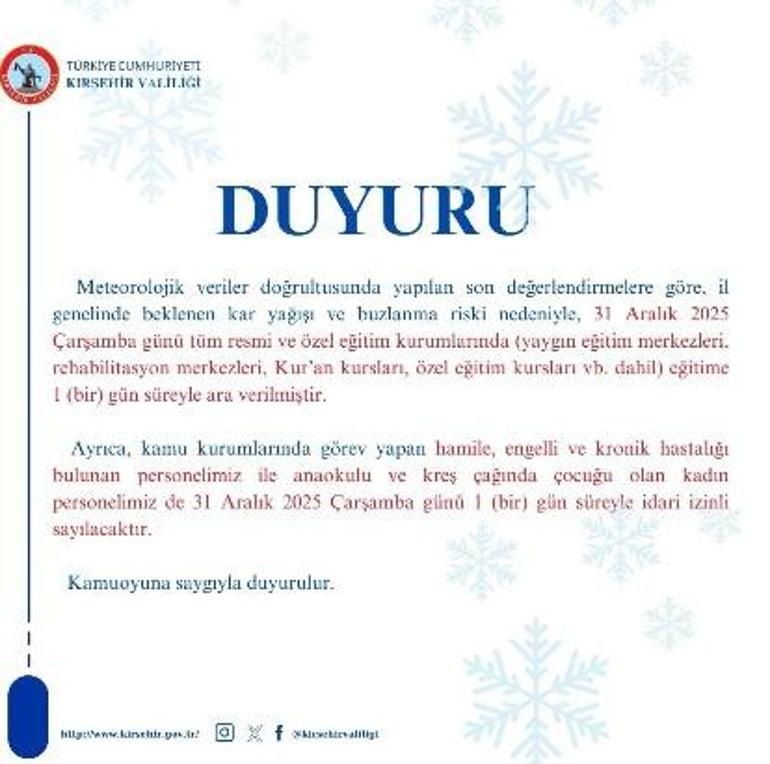 Kırşehirde okullar tatil edildi