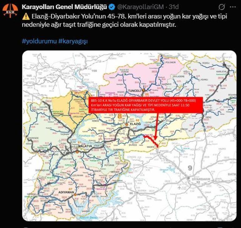 Elazığda 311 köy yolu, kardan ulaşıma kapandı