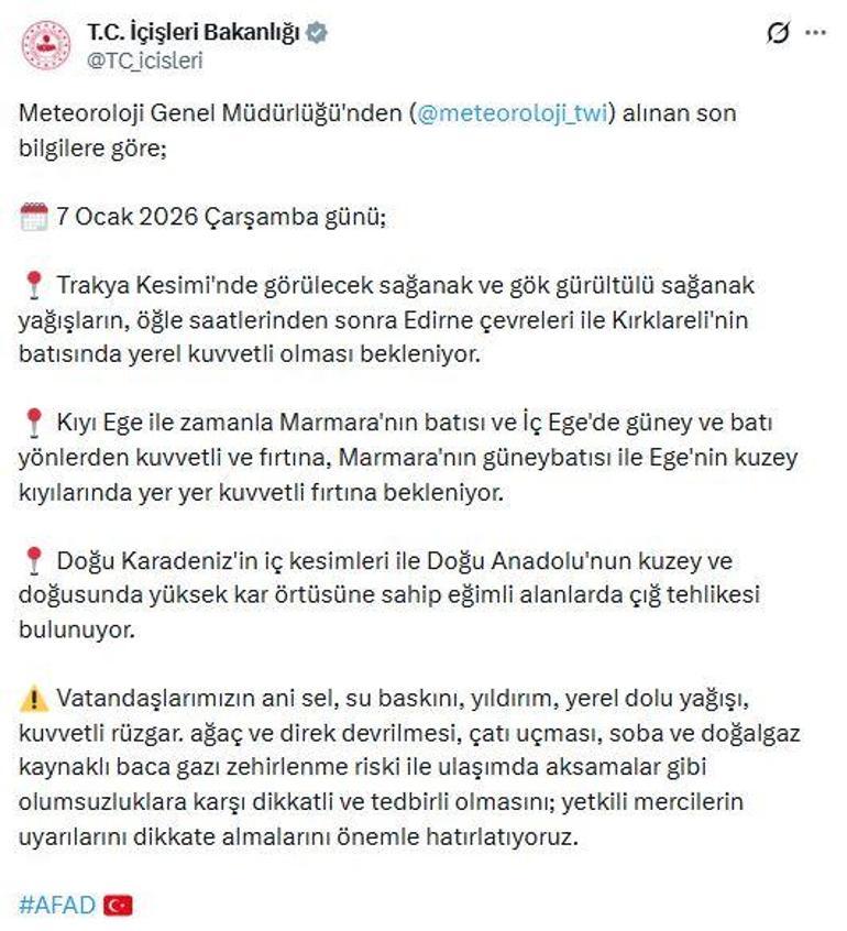 İçişleri Bakanlığından fırtına ve çığ uyarısı