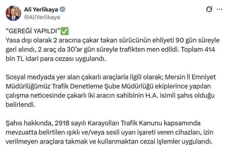 Mersinde yasa dışı çakar kullanan sürücüye 414 bin TL ceza