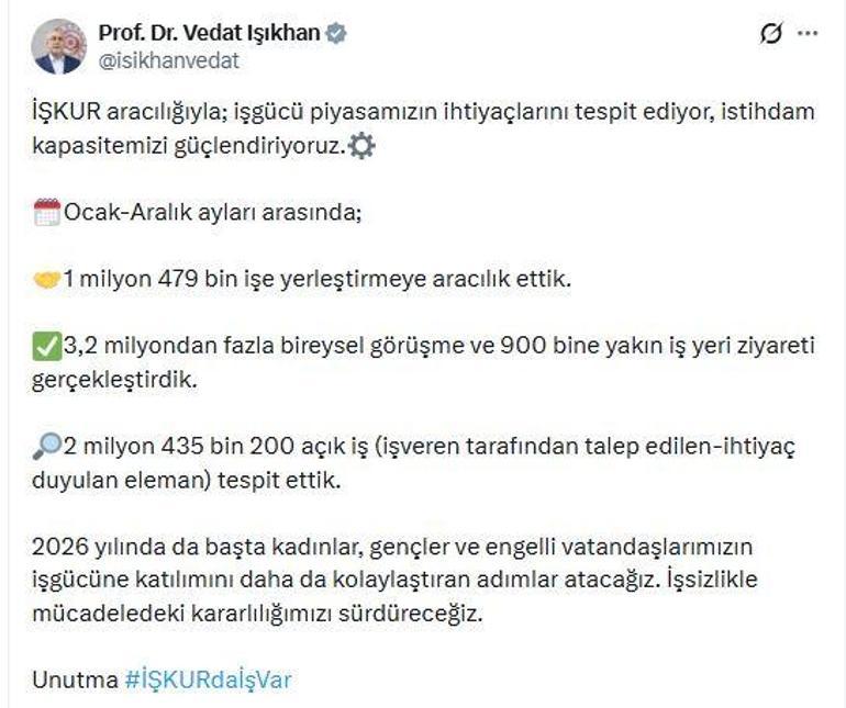 Bakan Işıkhan: 2025te 1,4 milyon işe yerleştirmeye aracılık ettik