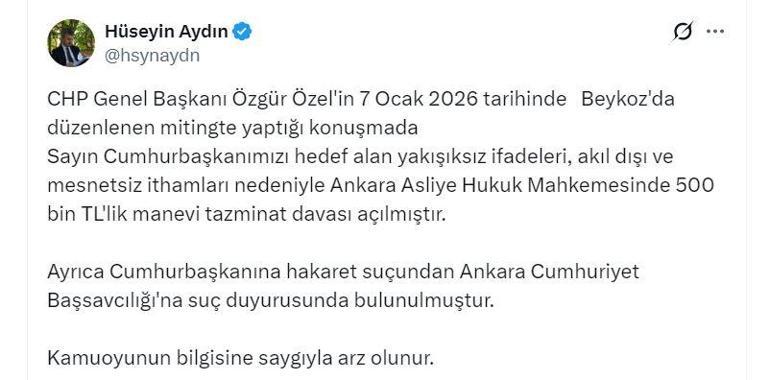 Cumhurbaşkanı Erdoğandan Özgür Özele 500 bin liralık tazminat davası
