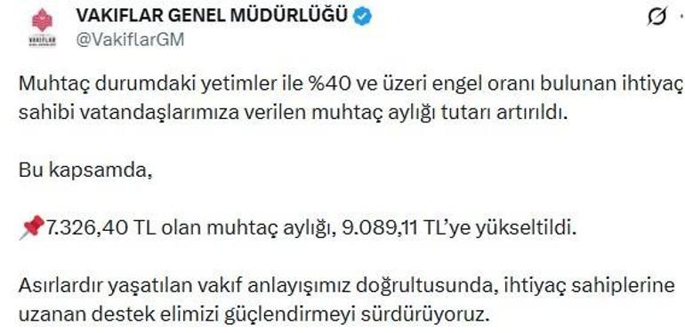 Vakıflar Genel Müdürlüğünün muhtaç aylıkları yükseltildi