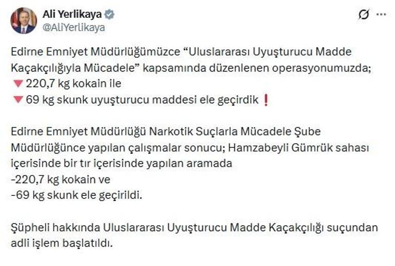 Hamzabeyli’de 220,7 kilo kokain ile 69 kilo skunk ele geçirildi