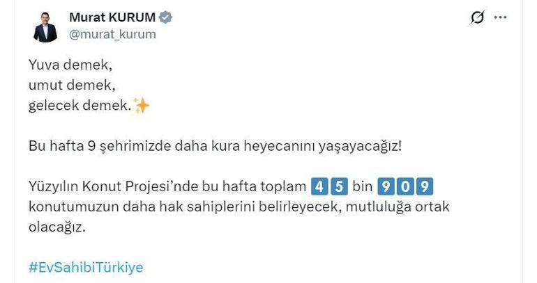 Bakan Kurum, Yüzyılın Konut Projesinde 19-25 Ocak haftasının kura takvimini açıkladı