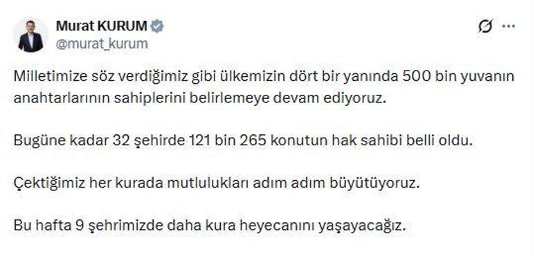 Bakan Kurum: 32 şehirde 121 bin 265 konutun hak sahibi belli oldu
