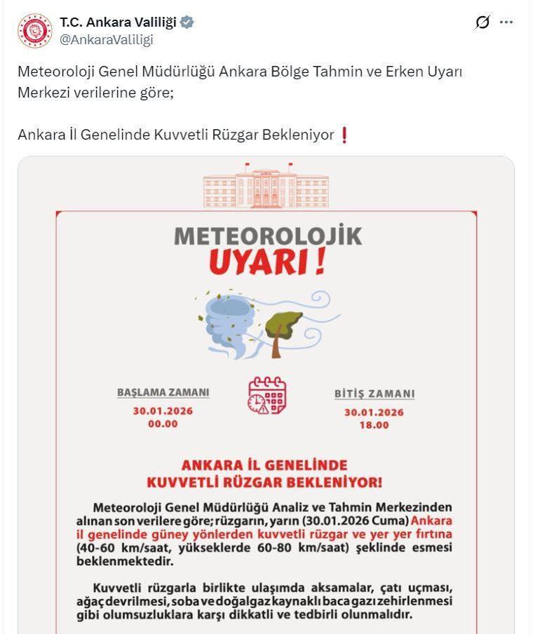 Ankara Valiliğinden fırtına uyarısı