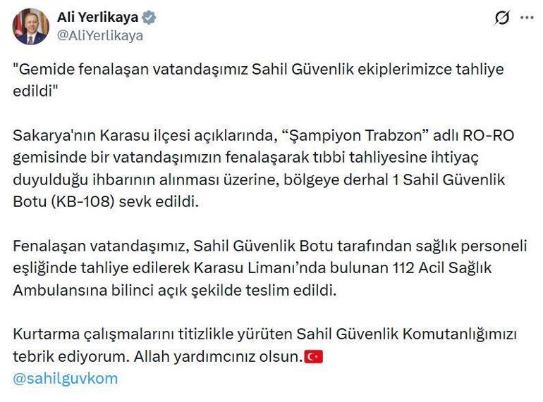 Gemide fenalaşan kişi, Sahil Güvenlik ekipleri tarafından tahliye edildi
