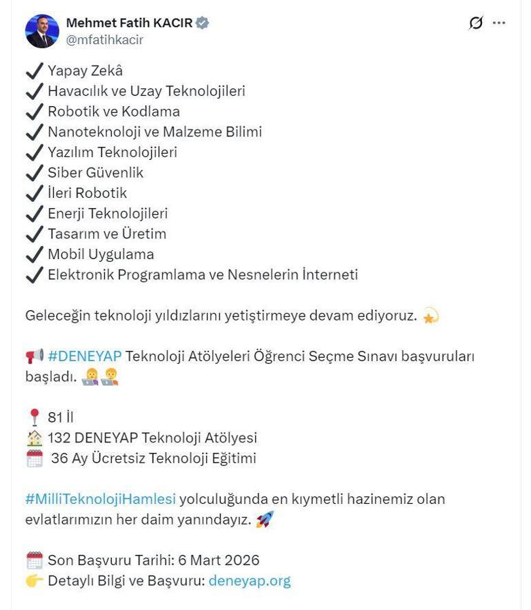 Bakan Kacır: DENEYAP Atölyeleri öğrenci seçme sınavı başvuruları başladı