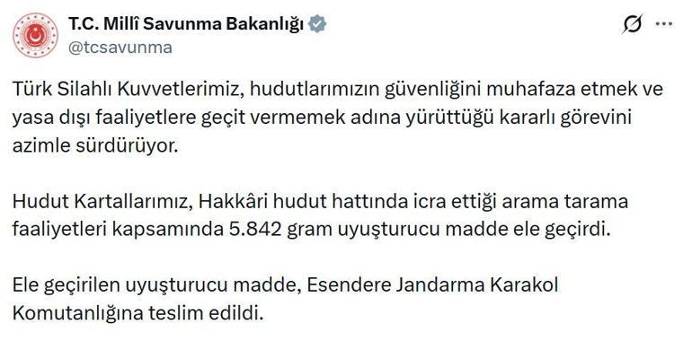 MSB: Hakkaride 5 kilo 842 gram uyuşturucu ele geçirildi